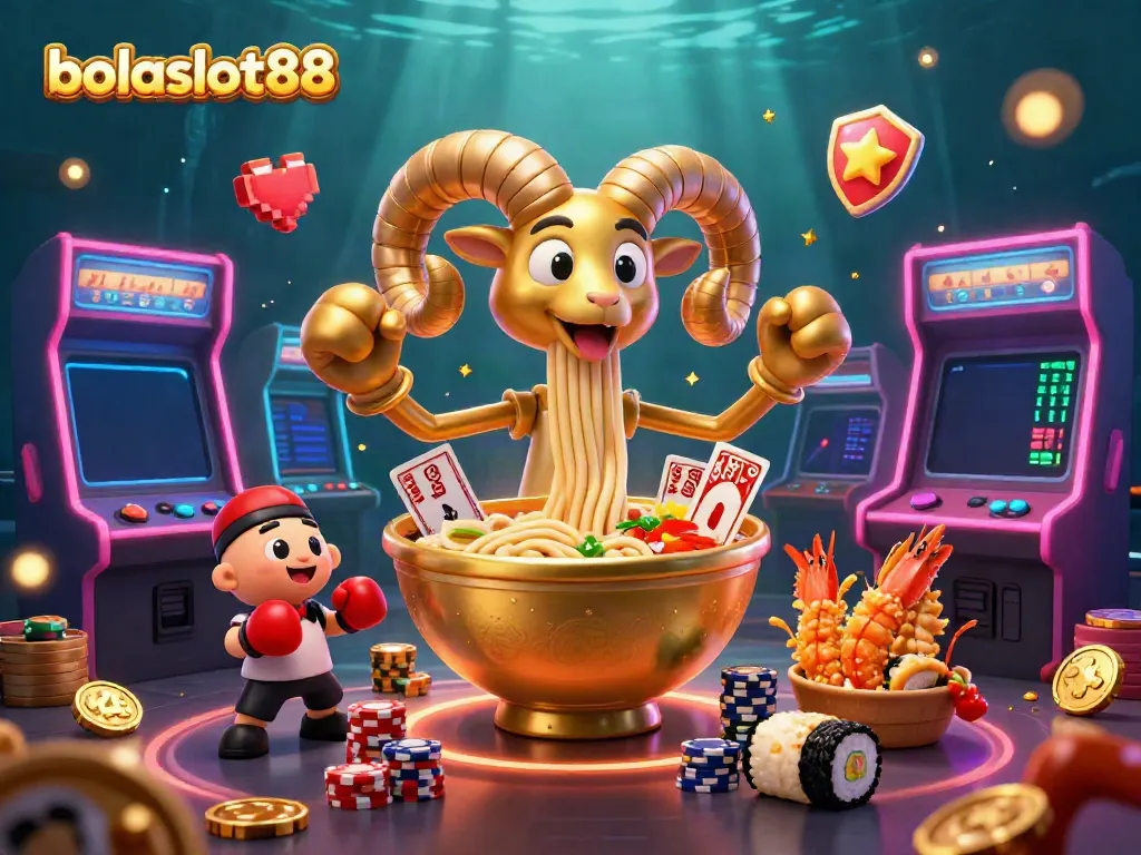 Bolaslot88 showcases a fun 3D casino scene with a ramen bowl character dealing cards surrounded by game machines.