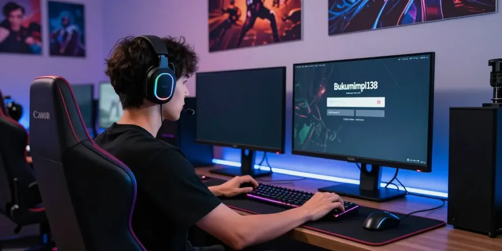 Gambaran laki-laki muda menggunakan bukumimpi138 login di lingkungan gaming modern dengan pencahayaan RGB.
