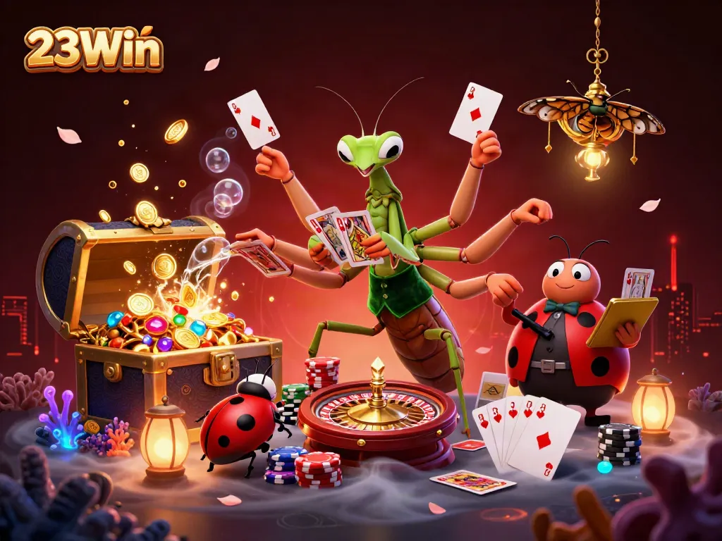 Join the thrilling 23Win experience with vibrant casino elements and dynamic characters.
