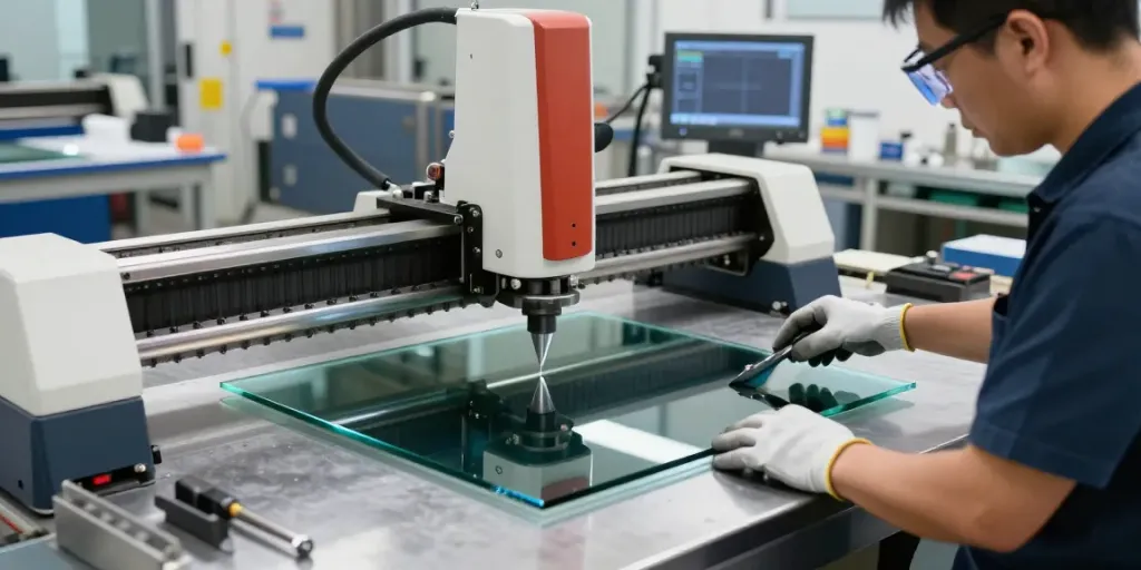 Expert technician at work with a glass cutting machine supplier in a modern workshop.