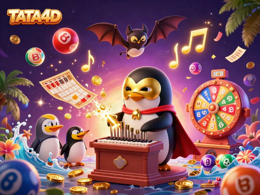 Experience the thrill of winning with TATA4D, where a penguin plays a pipe organ amidst a flurry of lottery excitement.