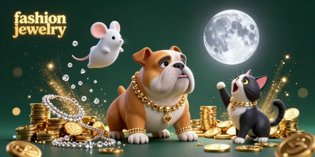 Unleash your fashion jewelry style with a playful bulldog monster in a magical scene filled with jewels and charm.