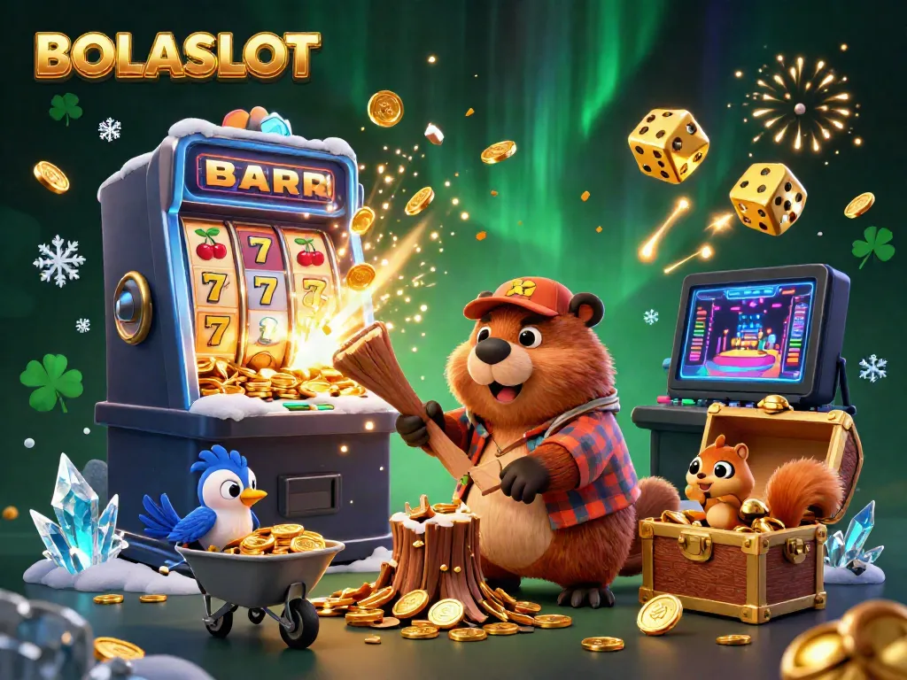 BOLASLOT showcases a vibrant 3D scene with a beaver collecting jackpot coins, highlighting thrilling slot gaming.