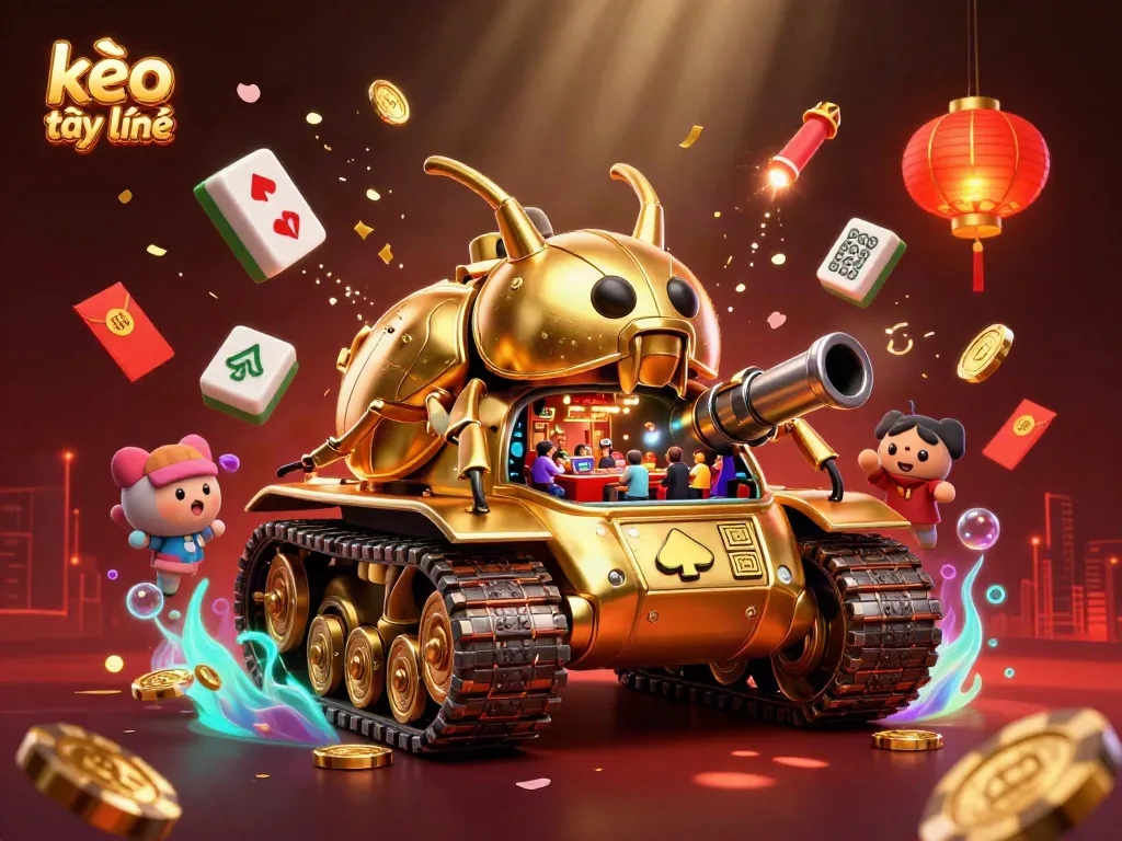 Play kèo trực tuyến in a unique atmosphere featuring a golden beetle tank with a miniature casino