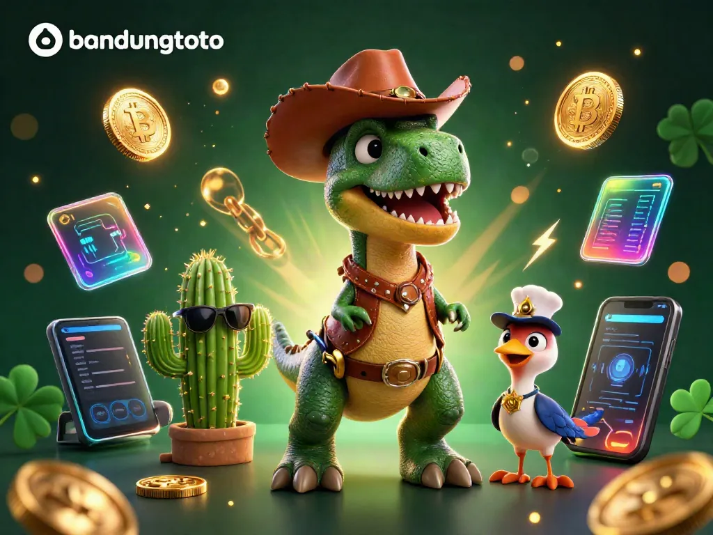 Join the adventure with bandungtoto's vibrant gaming world featuring a cowboy T-Rex, cactus, and roadrunner!