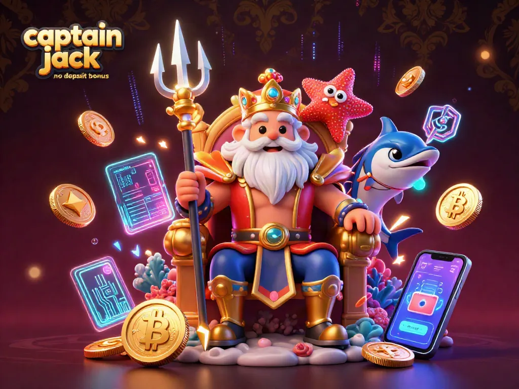 Claim the captain jack no deposit bonus with vibrant 3D illustration showcasing Neptune and crypto elements.