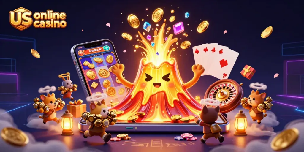 Experience the excitement of us online casino with treasures erupting from a golden volcano and colorful game elements.