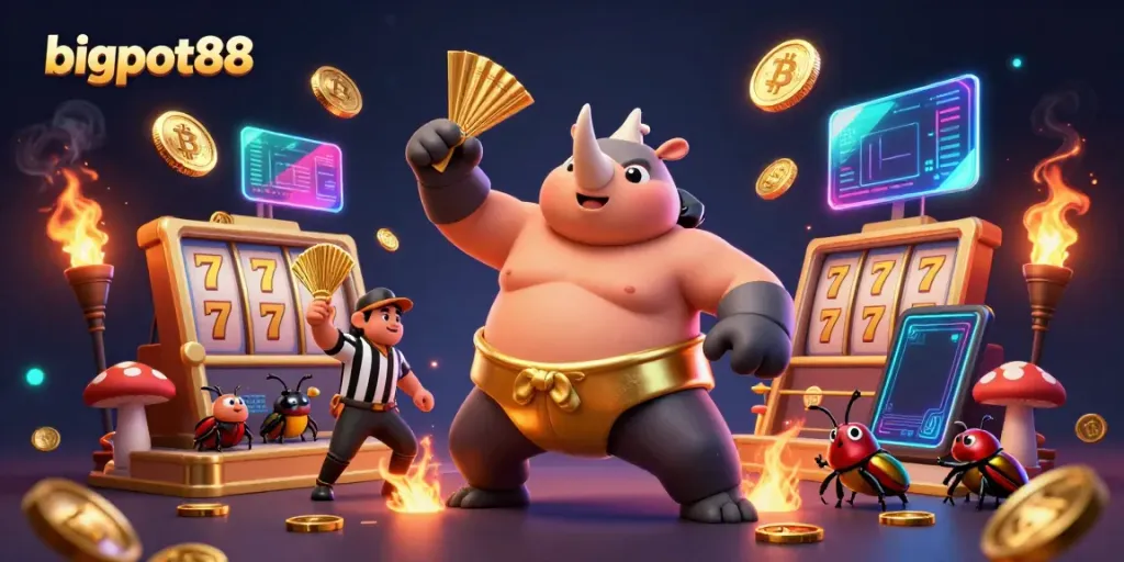 Experience bigpot88 with a sumo champion beetle surrounded by slots and coins in a vibrant casino scene.