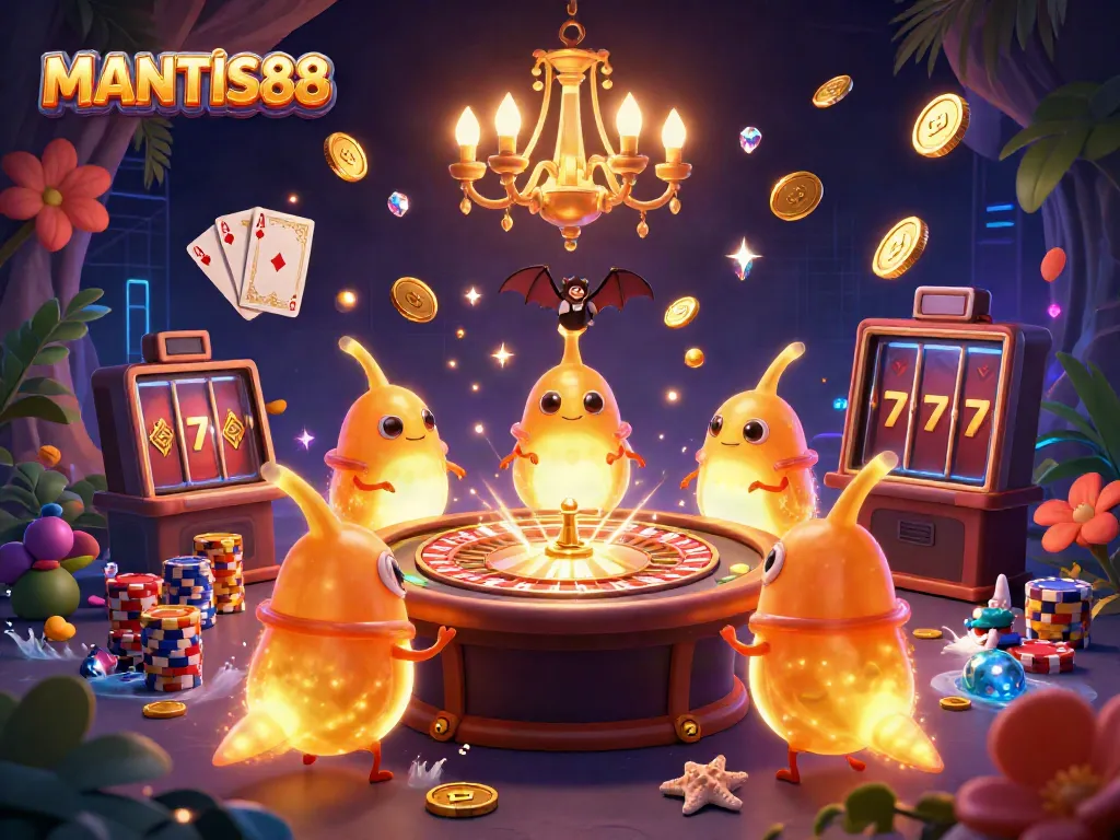 Engaging casino scene with MANTIS88 glowworms illuminating a cave, depicting vibrant gambling elements.