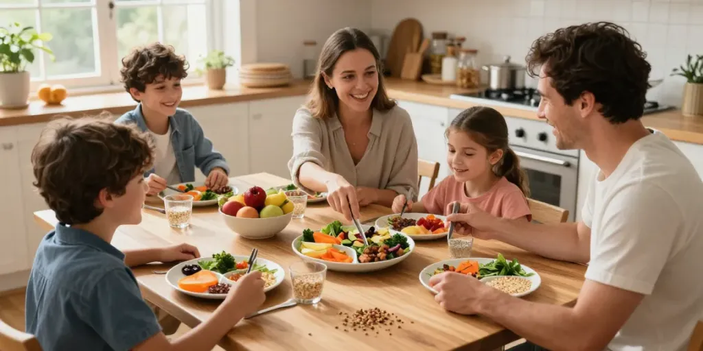 Family enjoying a meal using the Portion Control Plate, illustrating balanced eating.