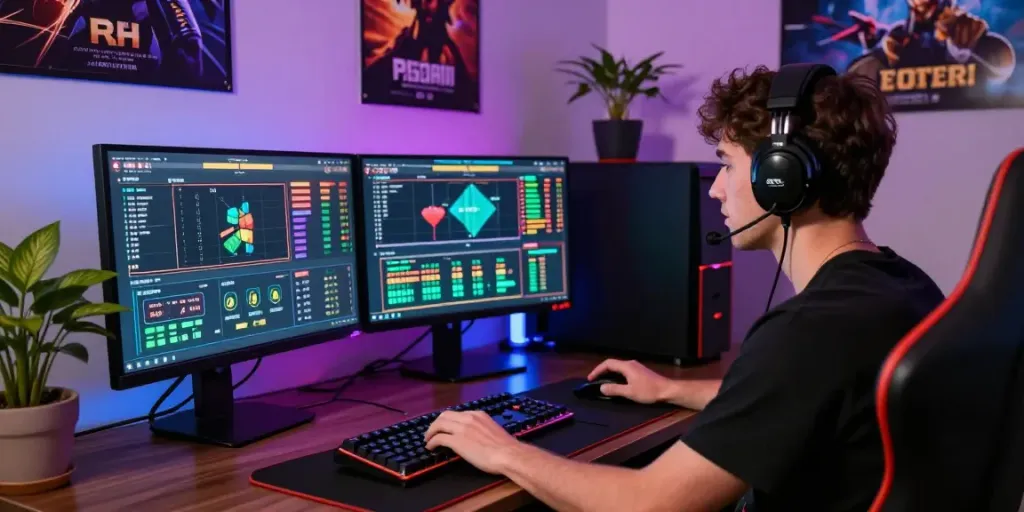 Player analyzing bos88 online slot game performance with dual monitors in a vibrant gaming setup.