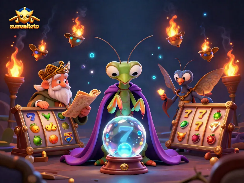 Engage with sumseltoto through a vibrant scene featuring fortune tellers and slot game elements.