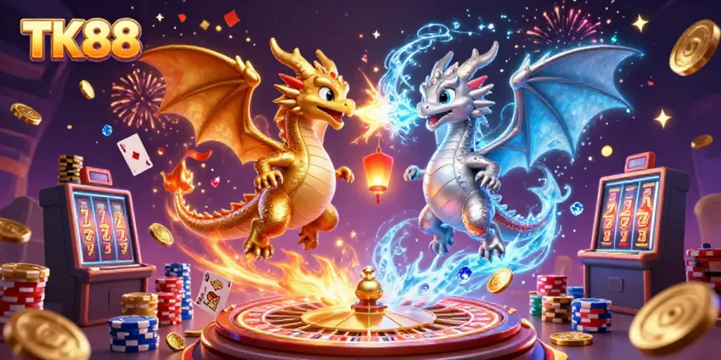 Experience excitement with TK88 as golden and silver dragons create a thrilling casino scene.