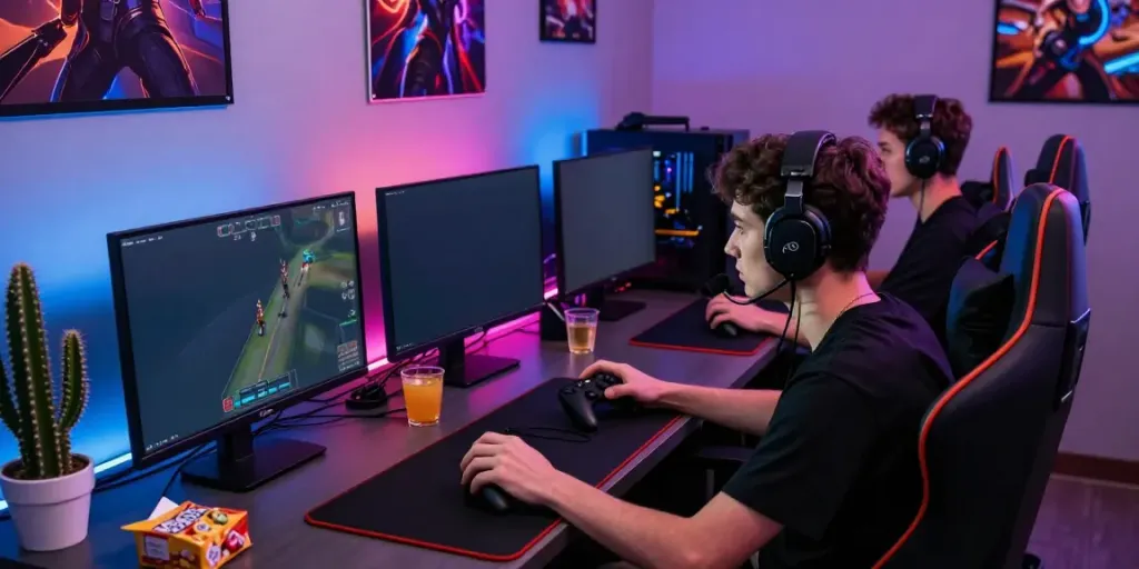 Engaged gamer with dynamic digital setup playing Cika4D.