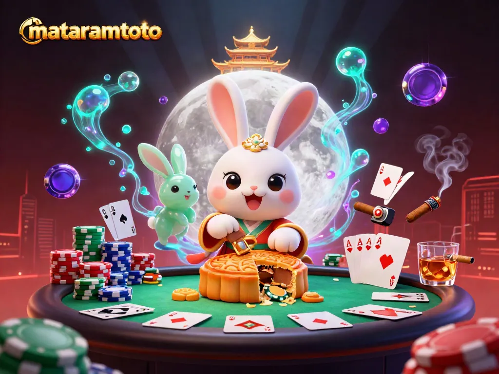 Play poker with thrilling excitement at mataramtoto, featuring vibrant illustrations of a moon rabbit and poker elements.