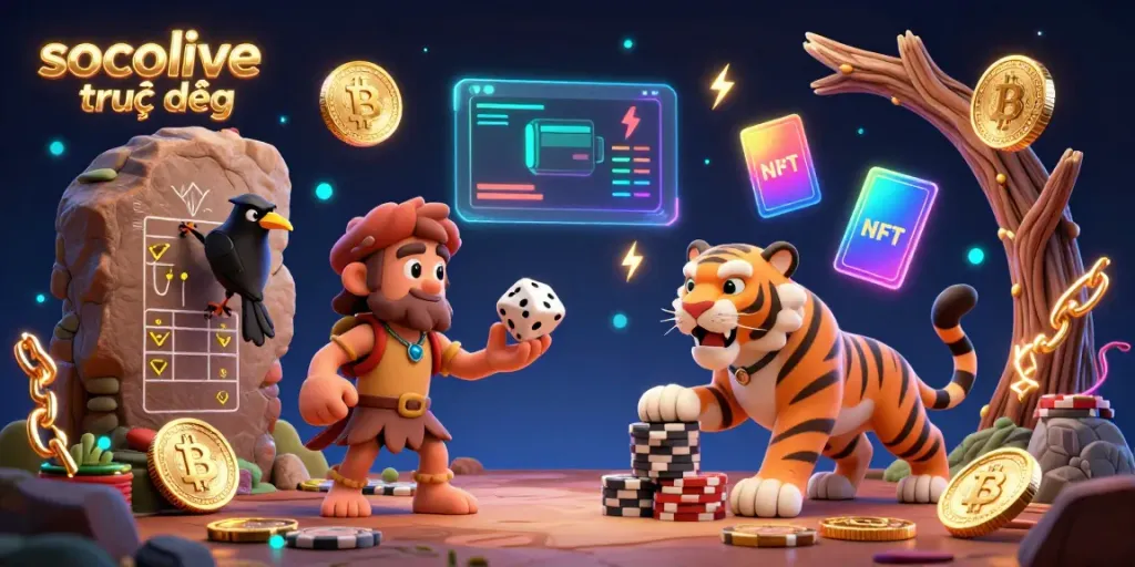 Experience socolive trực tiếp in a vibrant 3D casino scene with a caveman duo and clever crow on dynamic gameplay.