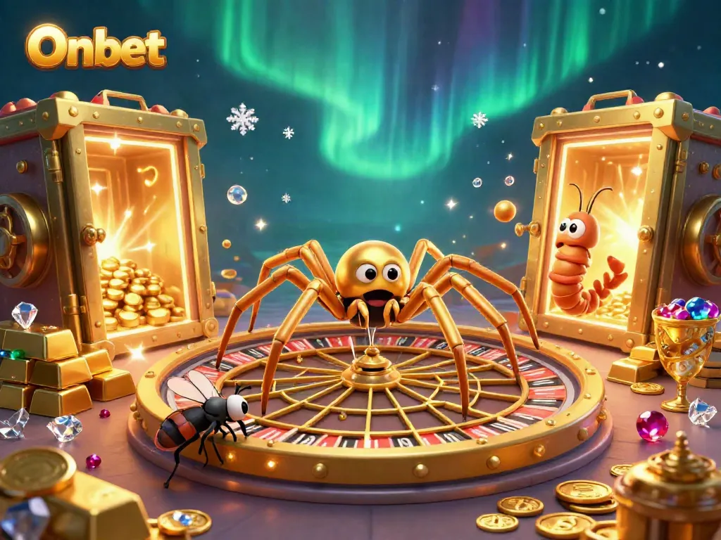 Engage in thrilling bets at Onbet with a golden spider spinning a roulette web and a centipede croupier.