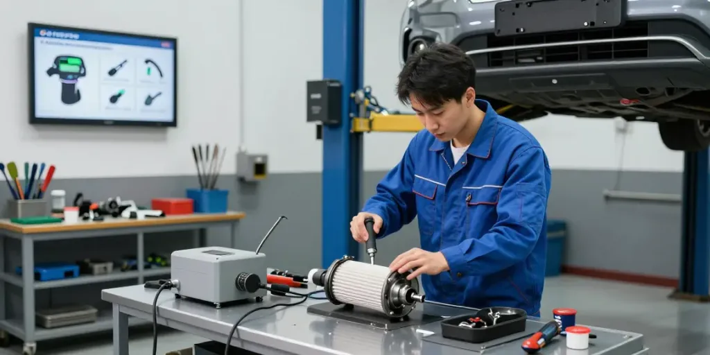 DPF Reinigung Hannover: Mechaniker bei der Dieselpartikelfilter-Reinigung in einer professionellen Werkstatt.
