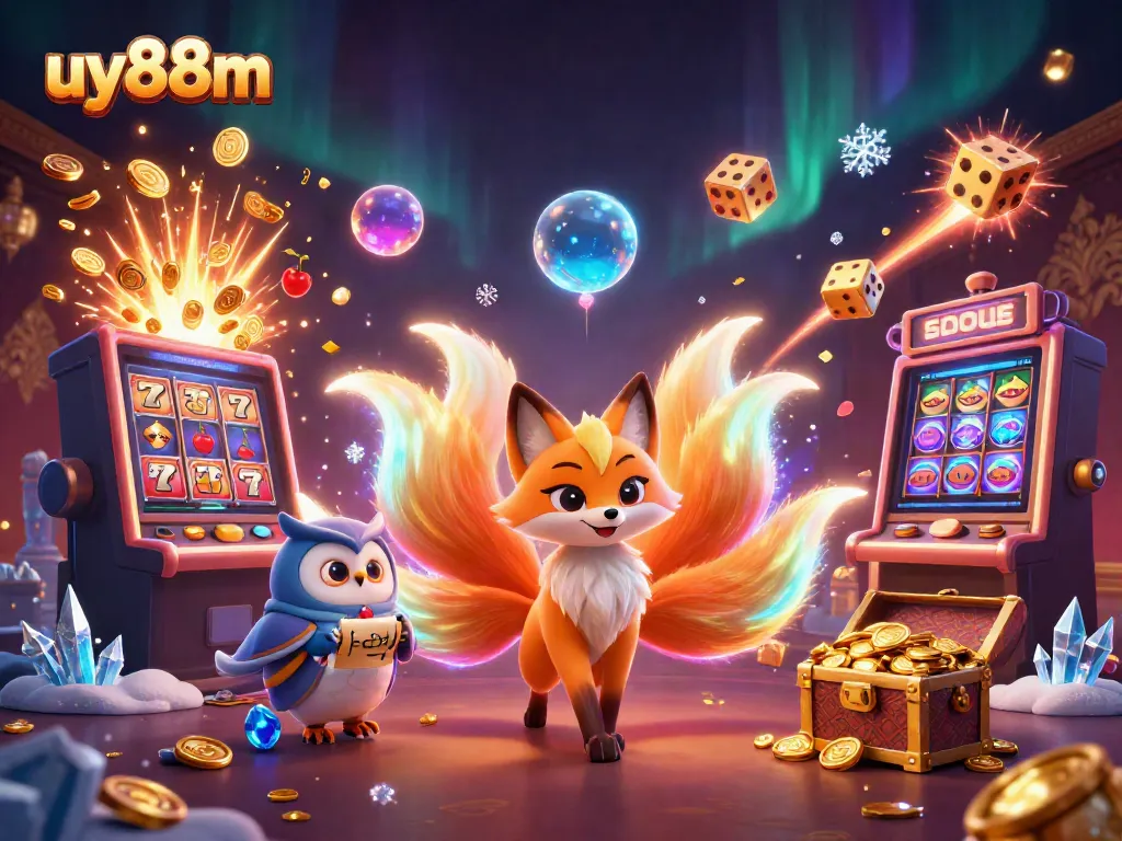 Experience the excitement of uy88m with a vibrant 3D casino scene featuring a glowing fox, owl sage, and dynamic slot machine action.