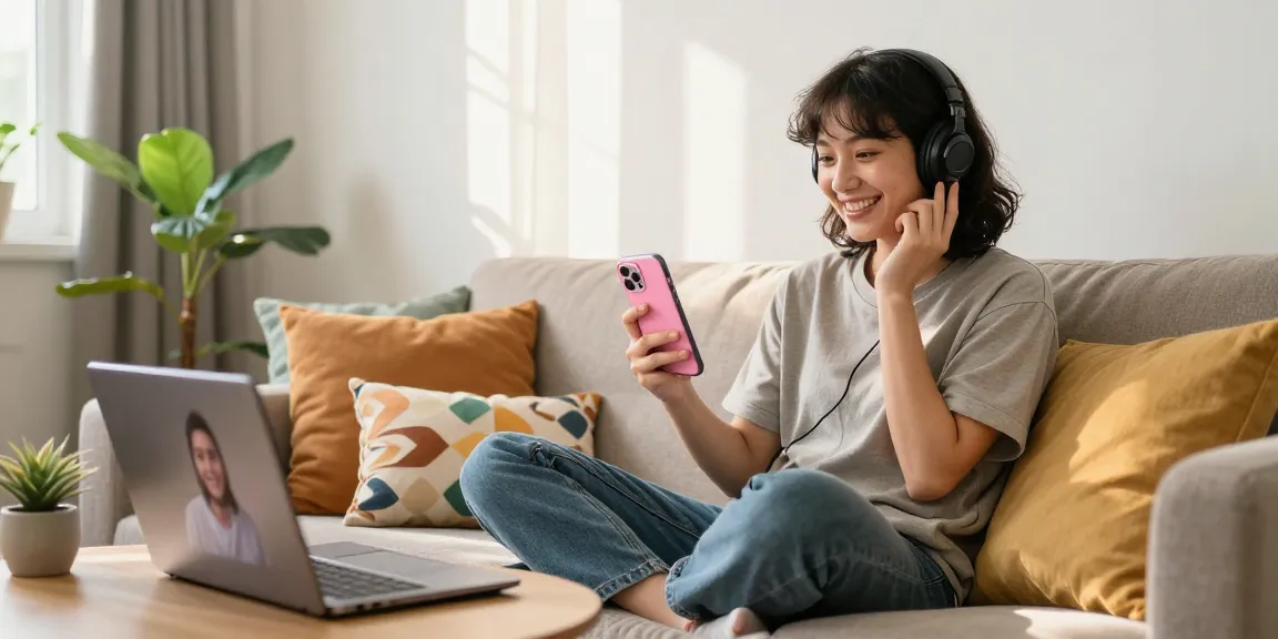 Engaging pink video chat experience with a smiling individual in a cozy home setting, connecting face to face.