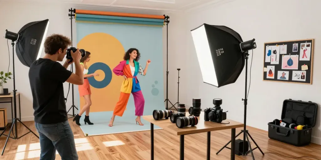 Aktivitas fotografer profesional di studio RUSUNTOTO, menangkap momen kreatif dengan model penuh gaya.