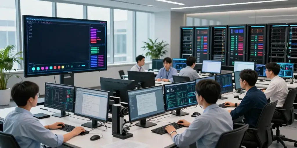 Engineers in a control room analyzing AI tokens metrics and infrastructure performance.
