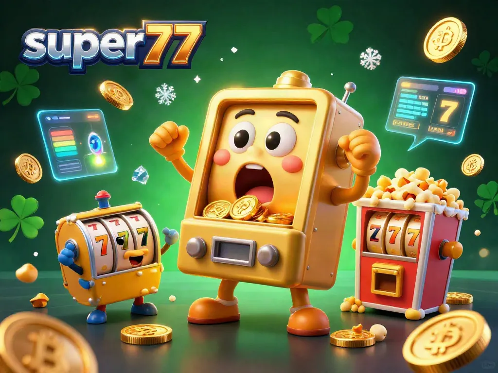 Experience the excitement of super77 with a golden slot machine celebrating its jackpot amid cheering companions and festive coins.