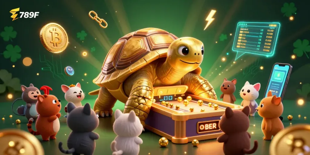 Experience the excitement at 789F with a lively casino scene featuring a pinball tortoise and crypto elements.