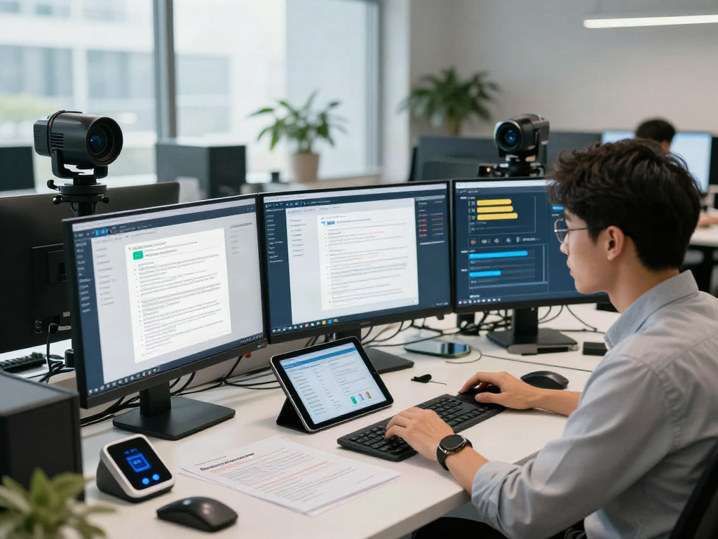 Document fraud detection software being utilized by a data analyst in a high-tech office environment.