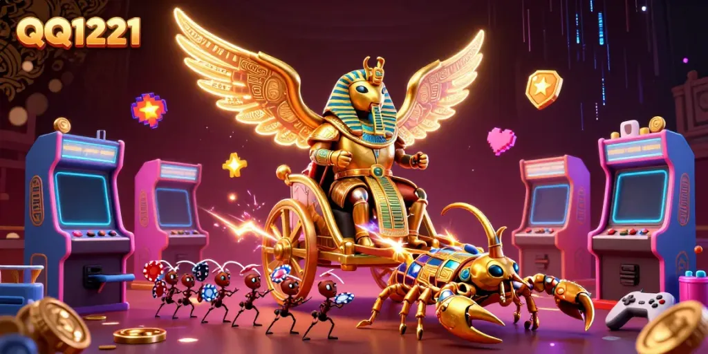 Engage with QQ1221's vibrant casino scene featuring a golden beetle, dynamic gaming elements, and neon effects.