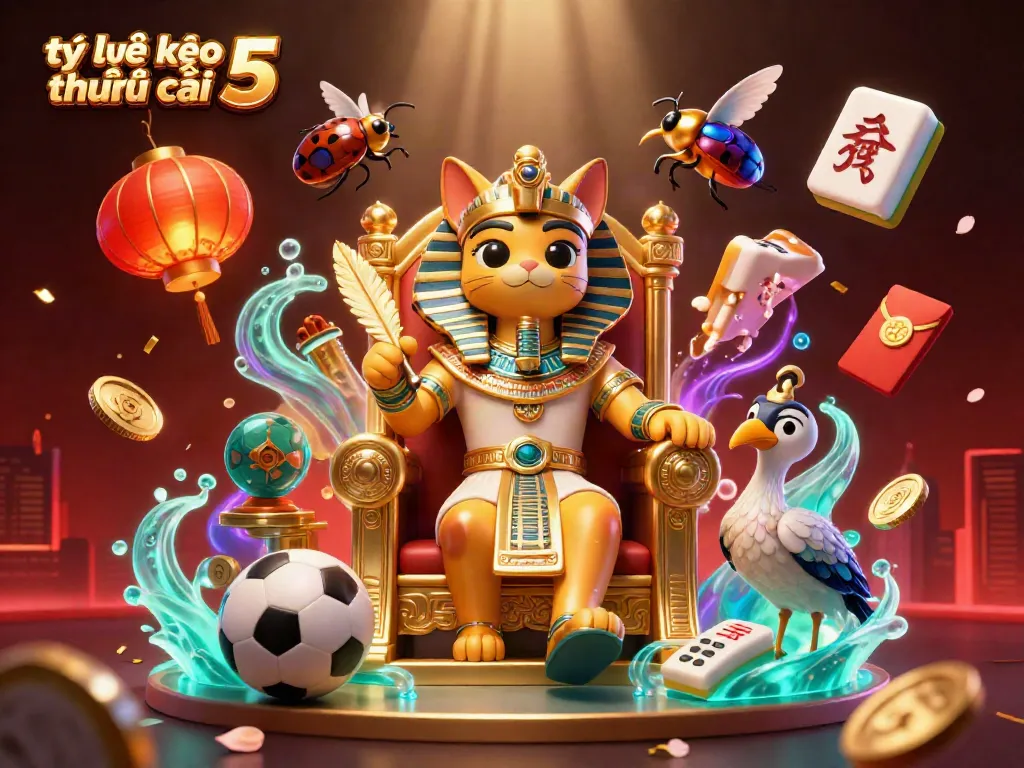 Engage with tỷ lệ kèo nhà cái 5 in this vibrant illustration showcasing a cartoon Egyptian pharaoh cat, sports elements, and festive details.