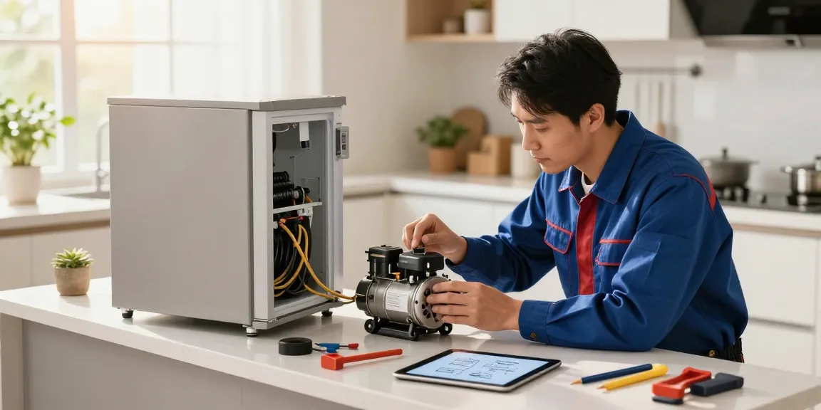 All home brand repair expert diagnosing a refrigerator in a modern kitchen.