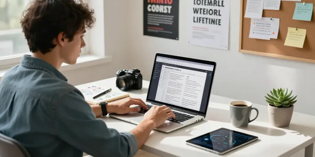 AI content generation for copywriters in a vibrant digital workspace.
