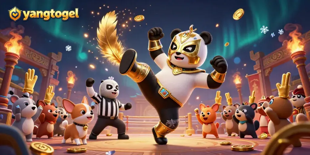 Experience the excitement of eyangtogel as panda wrestlers and cheering crowds come alive in vivid art.