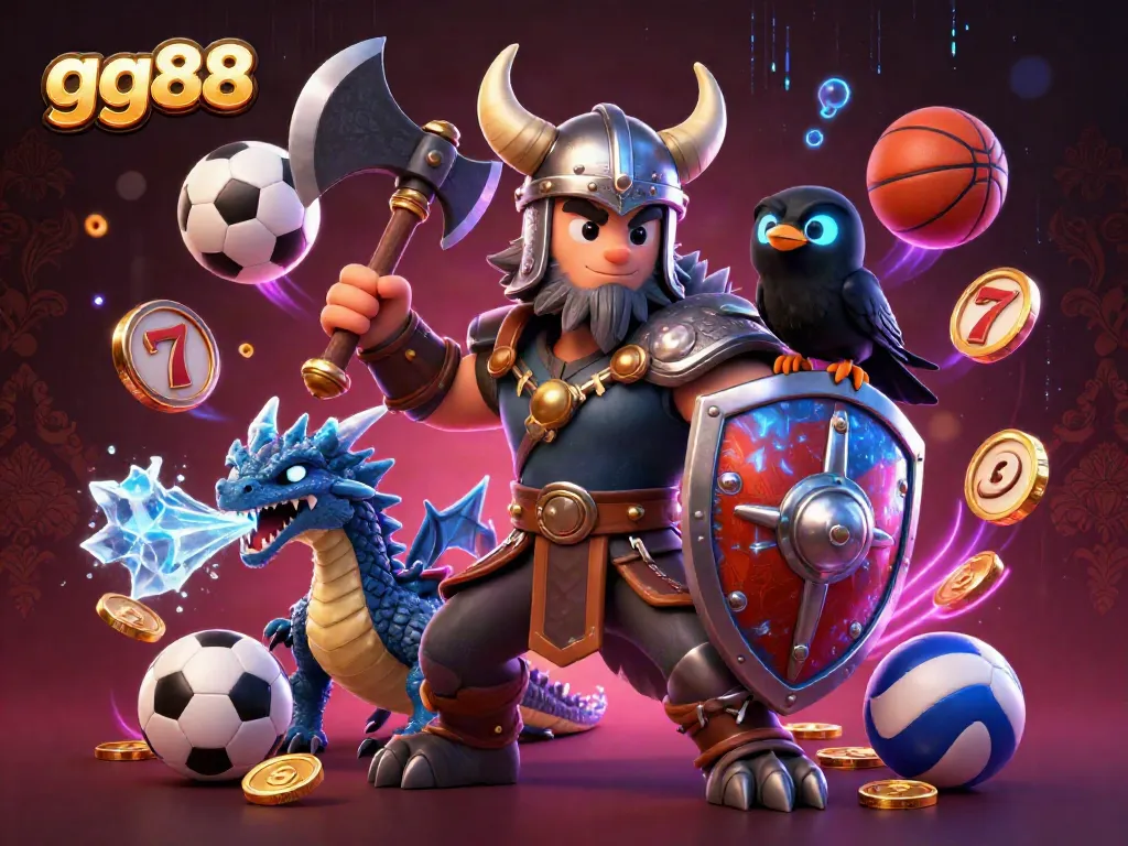 Engage with gg88's thrilling cartoon gambling scene featuring Viking warrior, dragon, and sports elements.