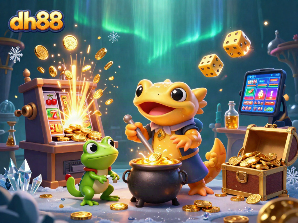 Experience big wins with dh88 in this vibrant 3D casino scene filled with enchanting characters and games.