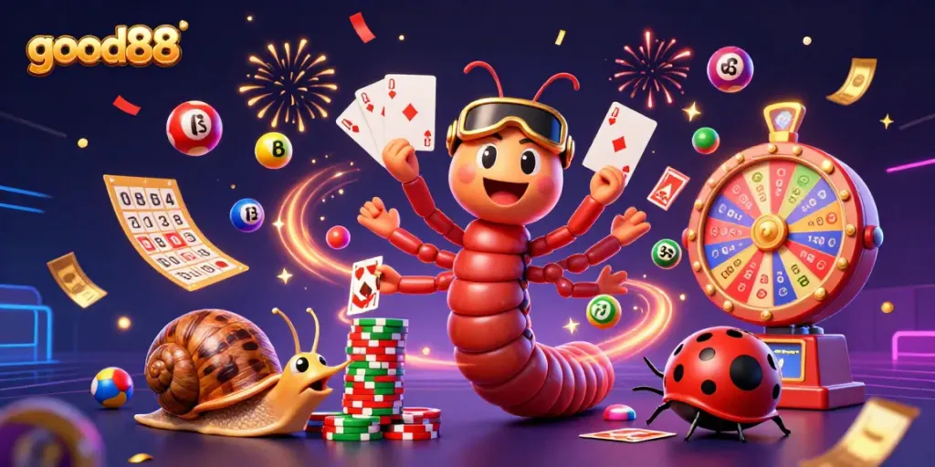 Exciting scene with good88 featuring a millipede dealer and vibrant game elements illustrating gambling thrills.