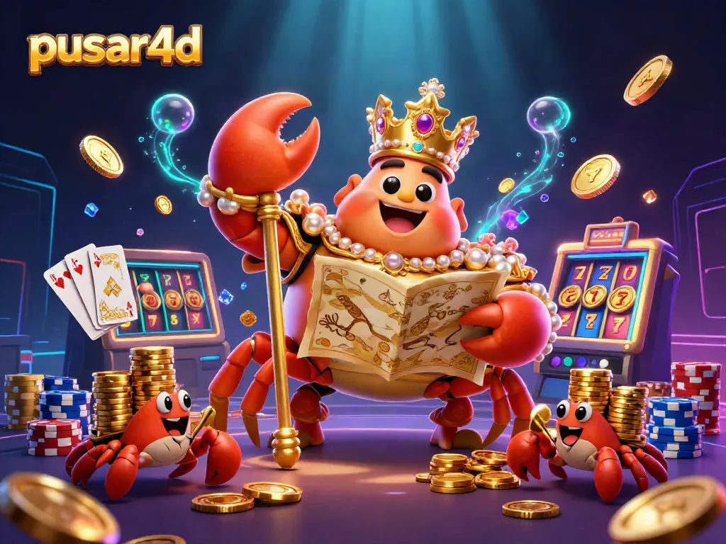 Spin slots with pusar4d's golden crab emperor amidst cascading coins and a vibrant casino scene.
