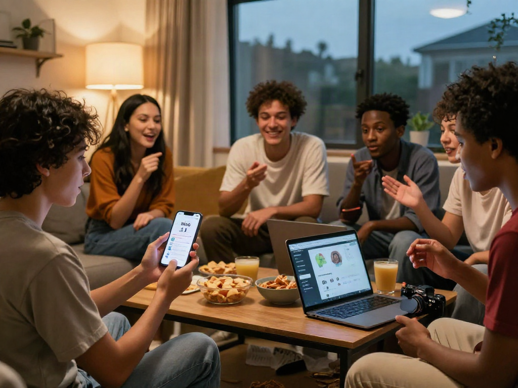 Group of friends enjoying an attractiveness test together, sharing scores and laughter in a cozy living room.