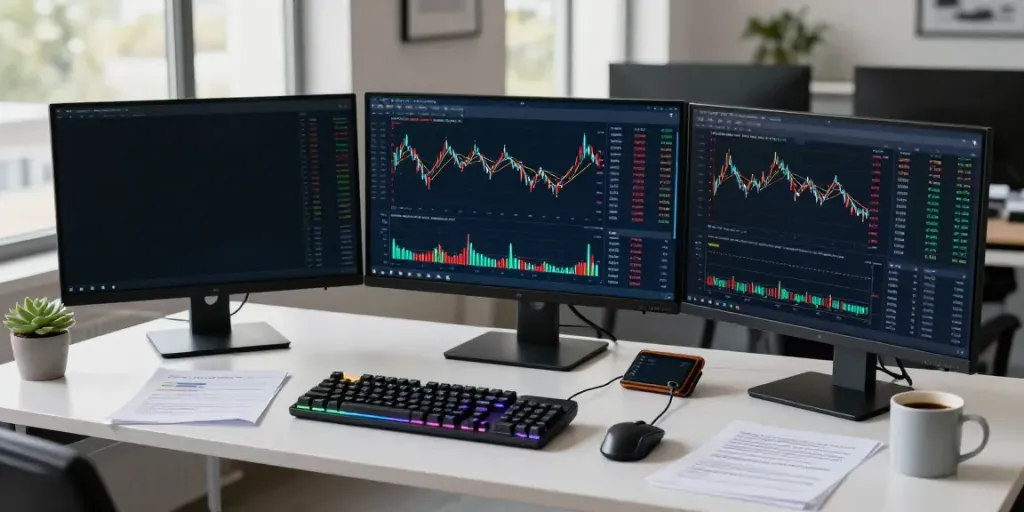 financial data API showcased in an organized trading environment with multiple screens, modern fintech tools, and vibrant lighting