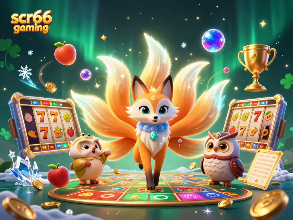 Experience thrilling slots with scr66 gaming in a vibrant, colorful casino scene.