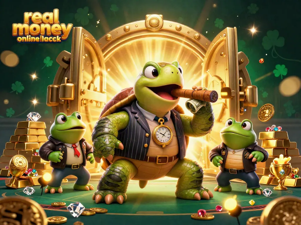Engage in real money online blackjack with this dynamic 3D illustration featuring a mobster turtle and enforcers.