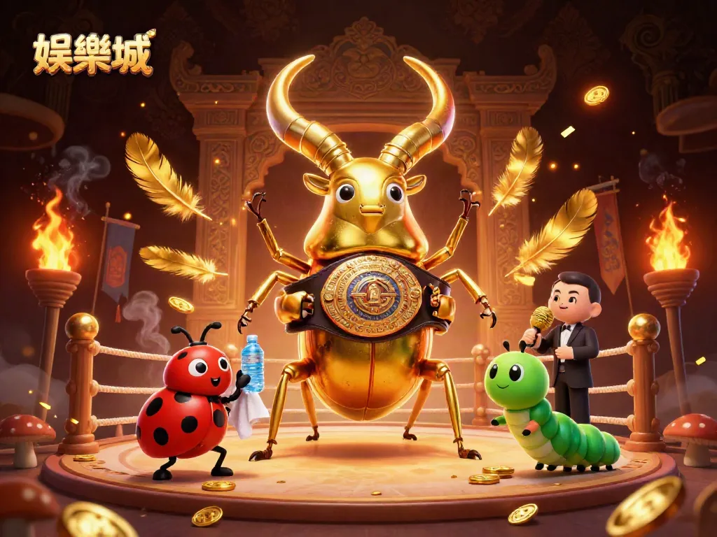 娛樂城中的3D巨型金色甲蟲在拳擊擂台上佈局，旁邊有小瓢蟲和毛毛蟲擔任助手和解說。