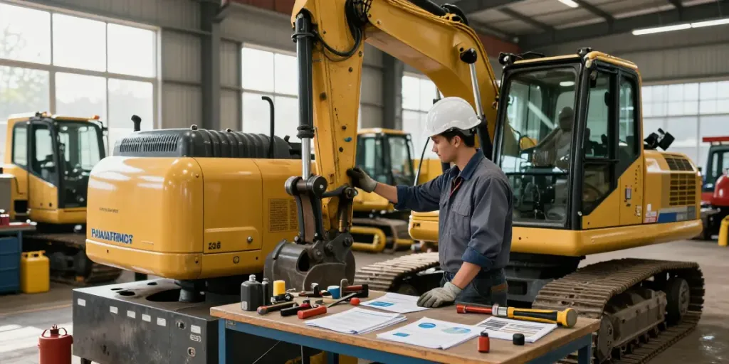Panafrican Equipment technician inspecting heavy machinery in a professional workshop setting.