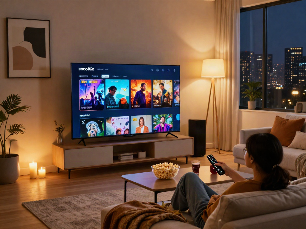 Cocoflix streaming interface on TV in a cozy living room setting