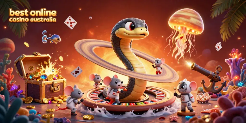 Experience the best online casino Australia with an engaging cosmic scene featuring a roulette wheel, astronaut mice, and a golden jellyfish dealer.