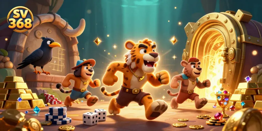 Win big with sv 368 in a vibrant, action-packed casino scene featuring unique characters and dynamic elements.