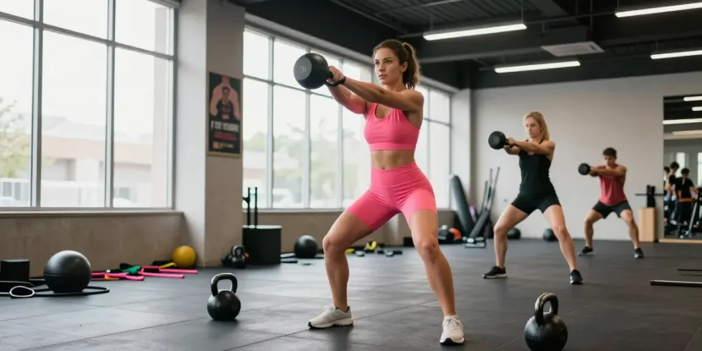 Dynamic gym scene highlighting the cjc/ipa blend workout benefits through kettlebell training.