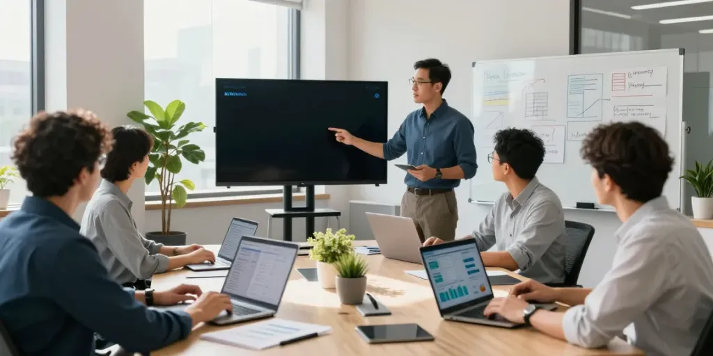 Dynamic team discussing insurance technology news in a modern office setting with innovative software presentations.