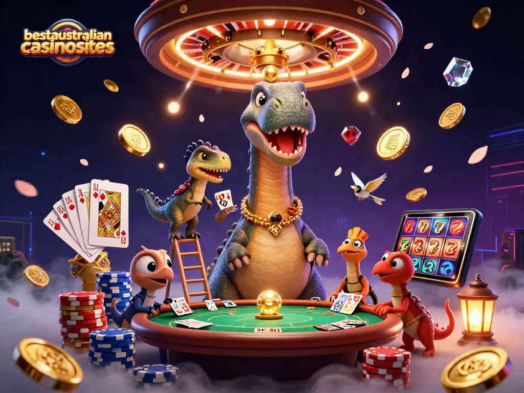 Experience the excitement at bestaustraliancasinosites with a whimsical casino scene featuring a giant brontosaurus and card-dealing raptor.